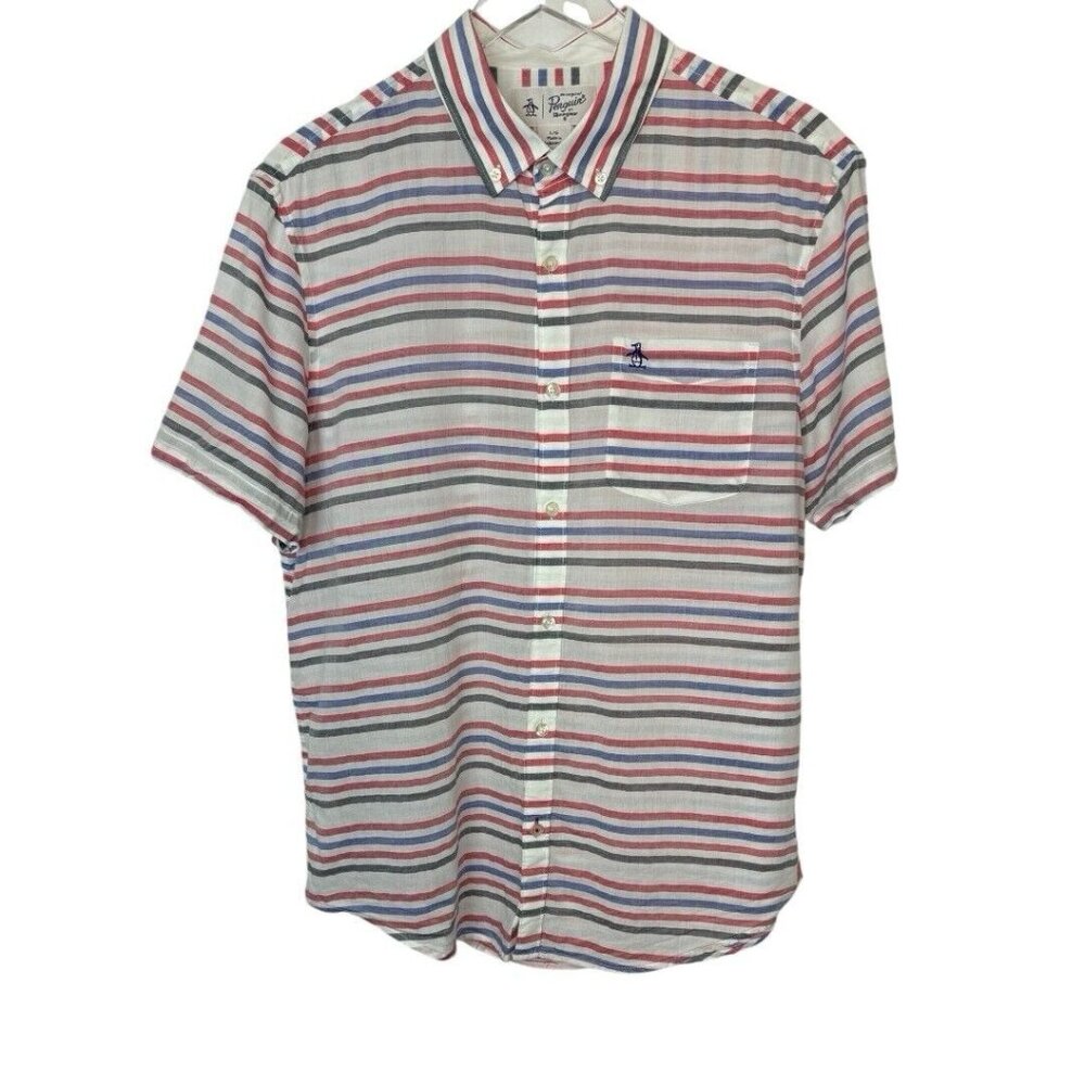 Original Penguin 100% Cotton Mens‎ Striped Red White and Lightweight Shirt Large